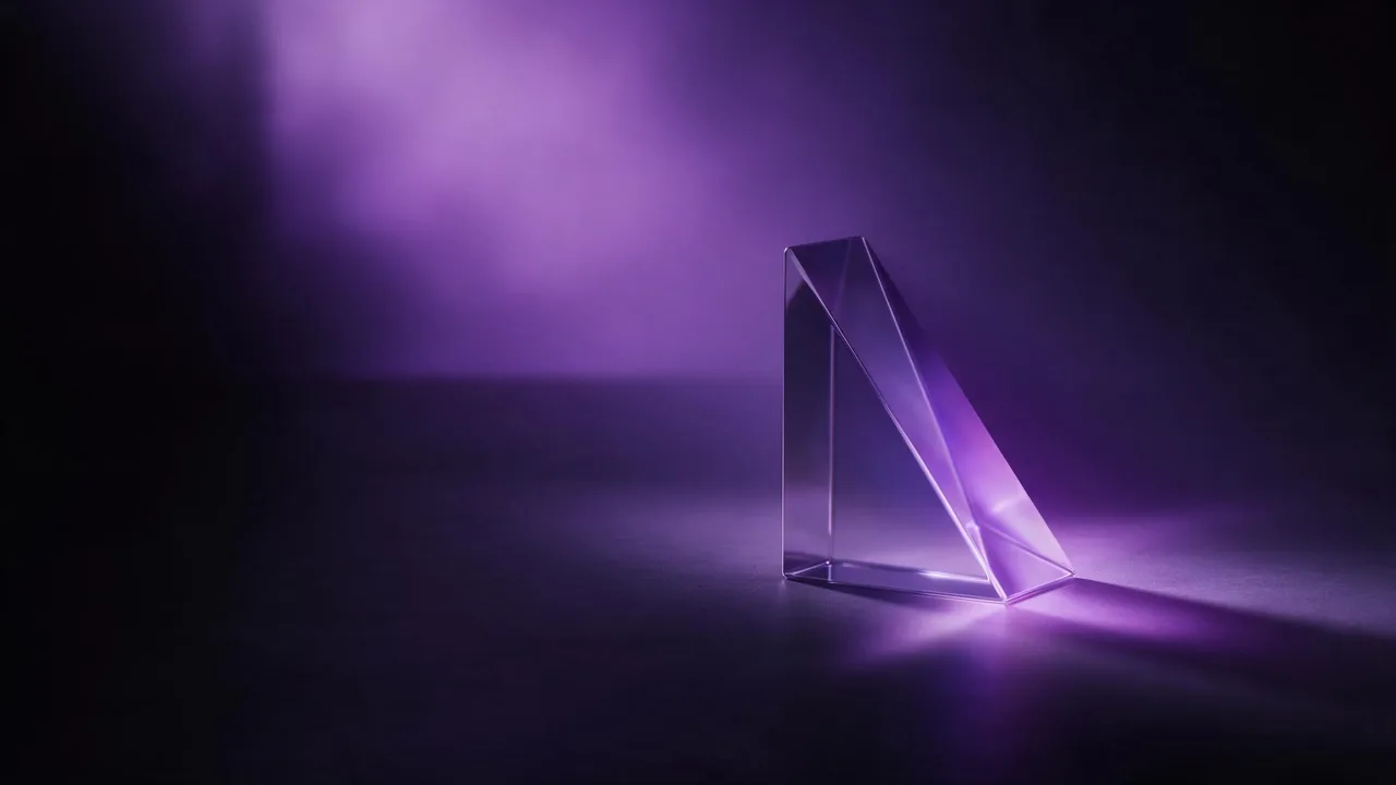 A tall clear glass prism standing on a dark surface, lit by a soft violet light with a haze of purple behind it