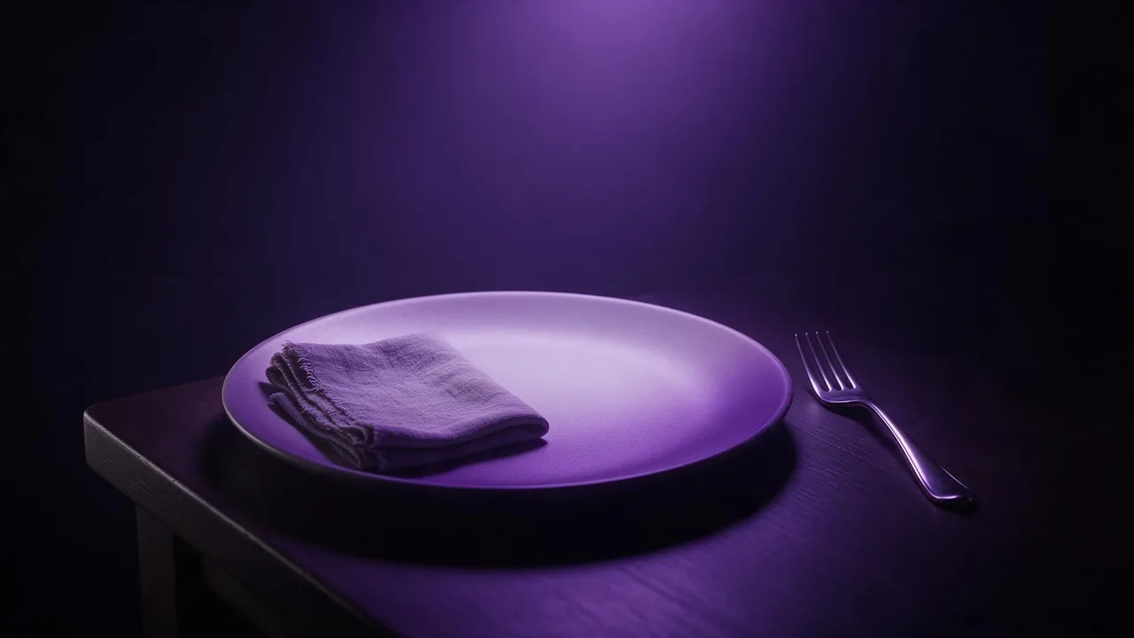 어두운 방, 위에서 비추는 보라색 램프 하나 아래 어두운 나무 테이블 위의 빈 무광 접시와 그 위에 접어 놓은 리넨 냅킨, 옆에 놓인 포크