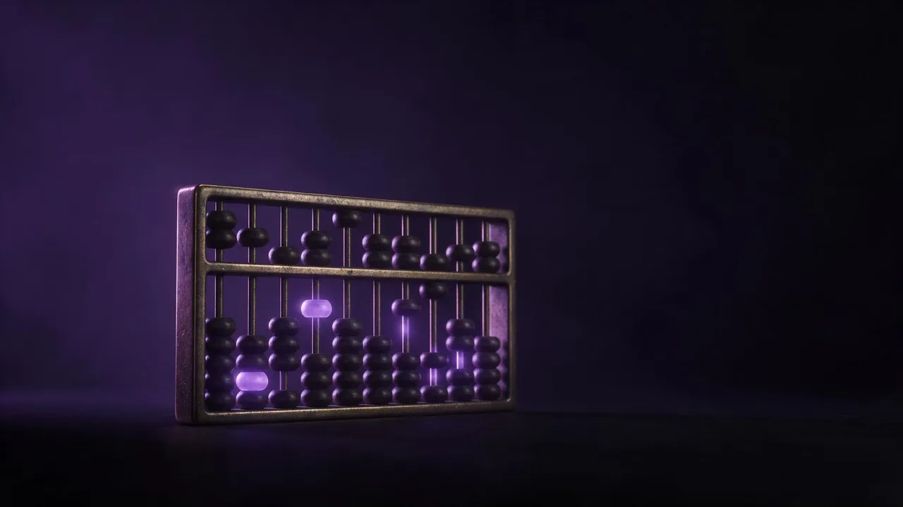 An antique brass abacus standing alone in the dark, its beads pushed to uneven positions, a few of them glowing violet