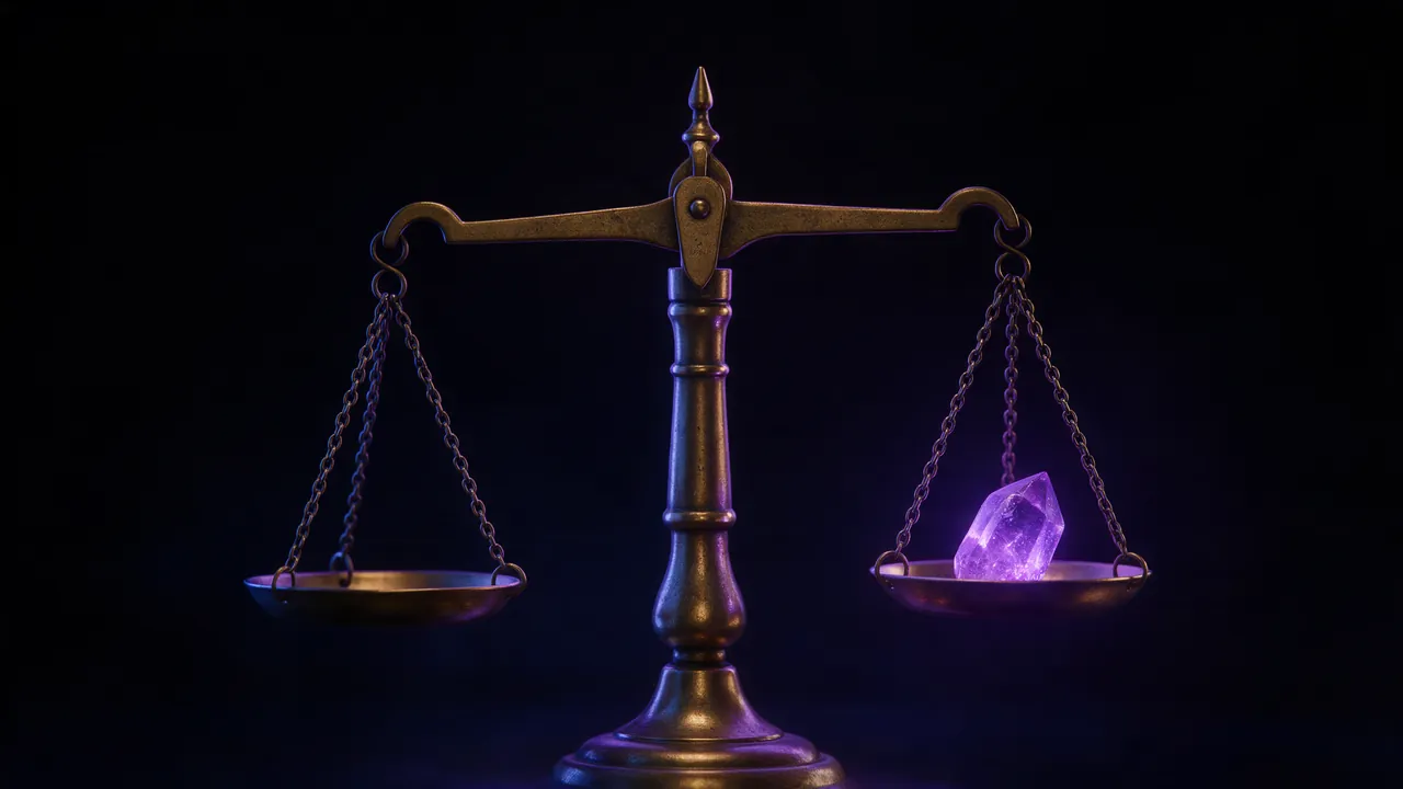 An antique brass balance scale holding a single glowing violet crystal