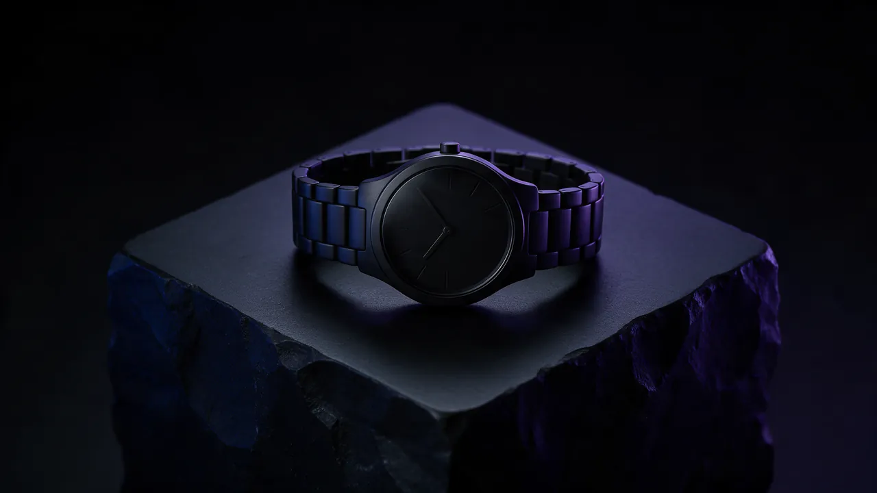 A matte black wristwatch on a black stone plinth with soft reflections