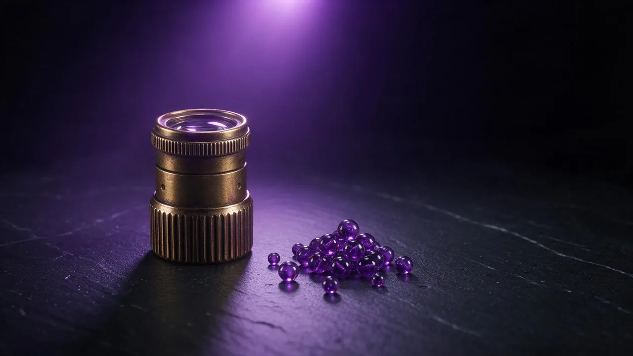 A brass jeweller's loupe standing on a dark slate table beside a small pile of violet glass beads, lit from above by a violet light