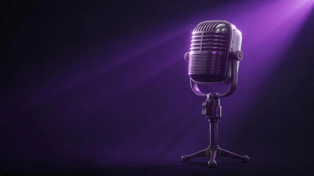 Ein altes Studiomikrofon auf einem kleinen Ständer, sein Metallgitter von einem violetten Lichtstrahl erfasst