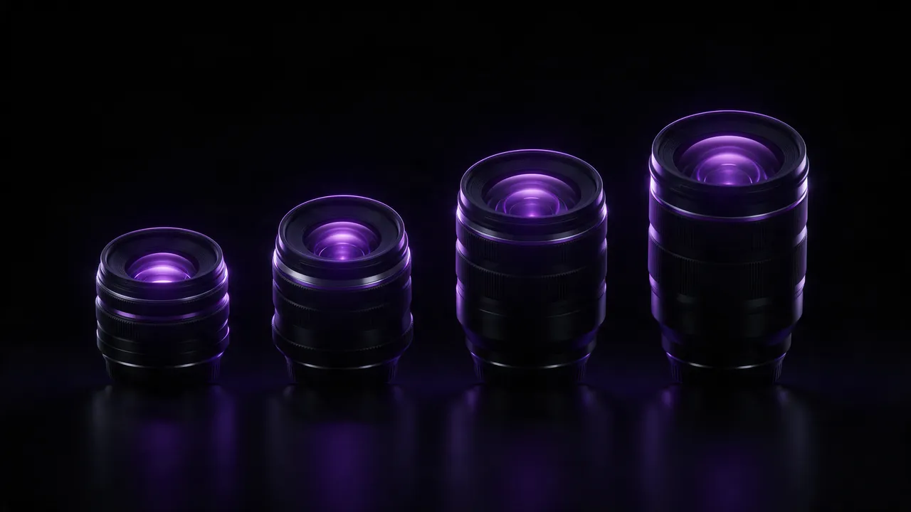 Four camera lenses of different sizes standing in a row with violet glass