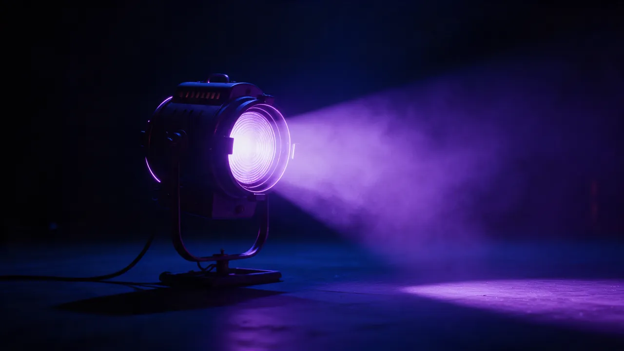 A theatre spotlight casting a violet beam through haze on an empty dark stage