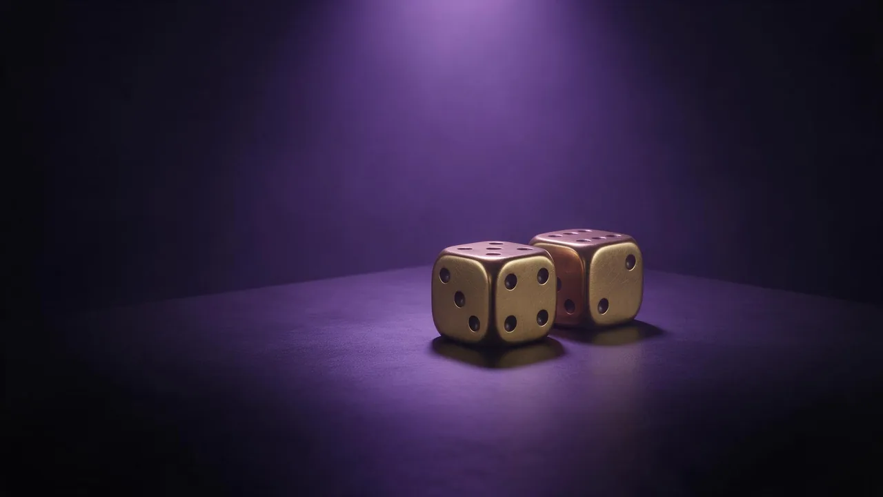 زوج من حجري نرد نحاسيين على طاولة داكنة، يضيئهما ضوء مسرحي بنفسجي واحد، وضباب خفيف فوقهما