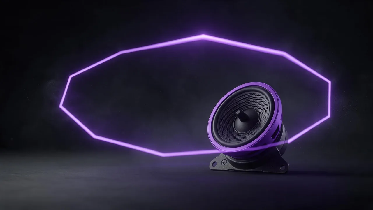 Un altavoz con aro violeta sobre un suelo oscuro, rodeado por un anillo de luz violeta brillante y una leve neblina gris en los bordes