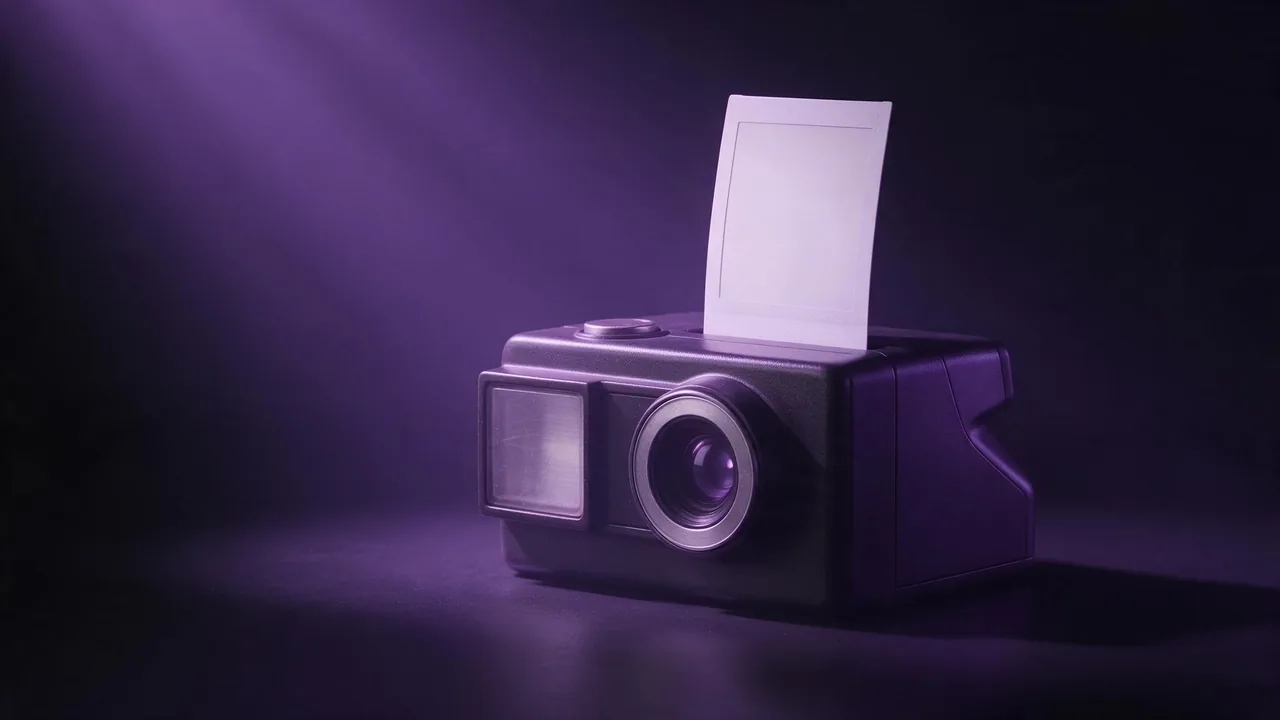 A dark instant camera on a black table with a blank white print half out of its top slot, a violet beam falling across it from the upper left