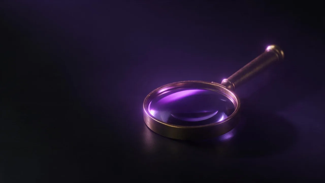 Una lupa de latón sobre una mesa oscura, con un destello de luz violeta en la lente