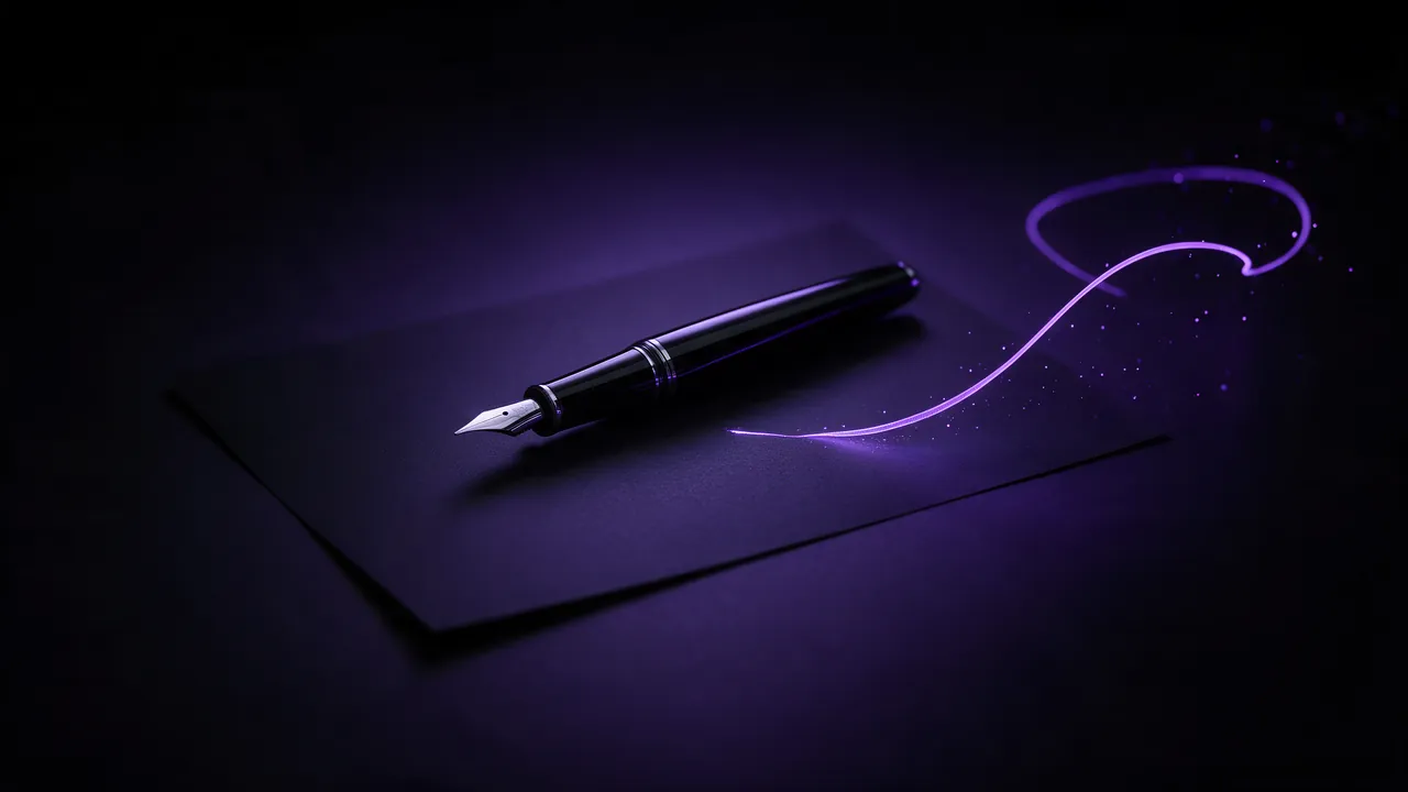 A fountain pen on black paper with a glowing violet ink stroke