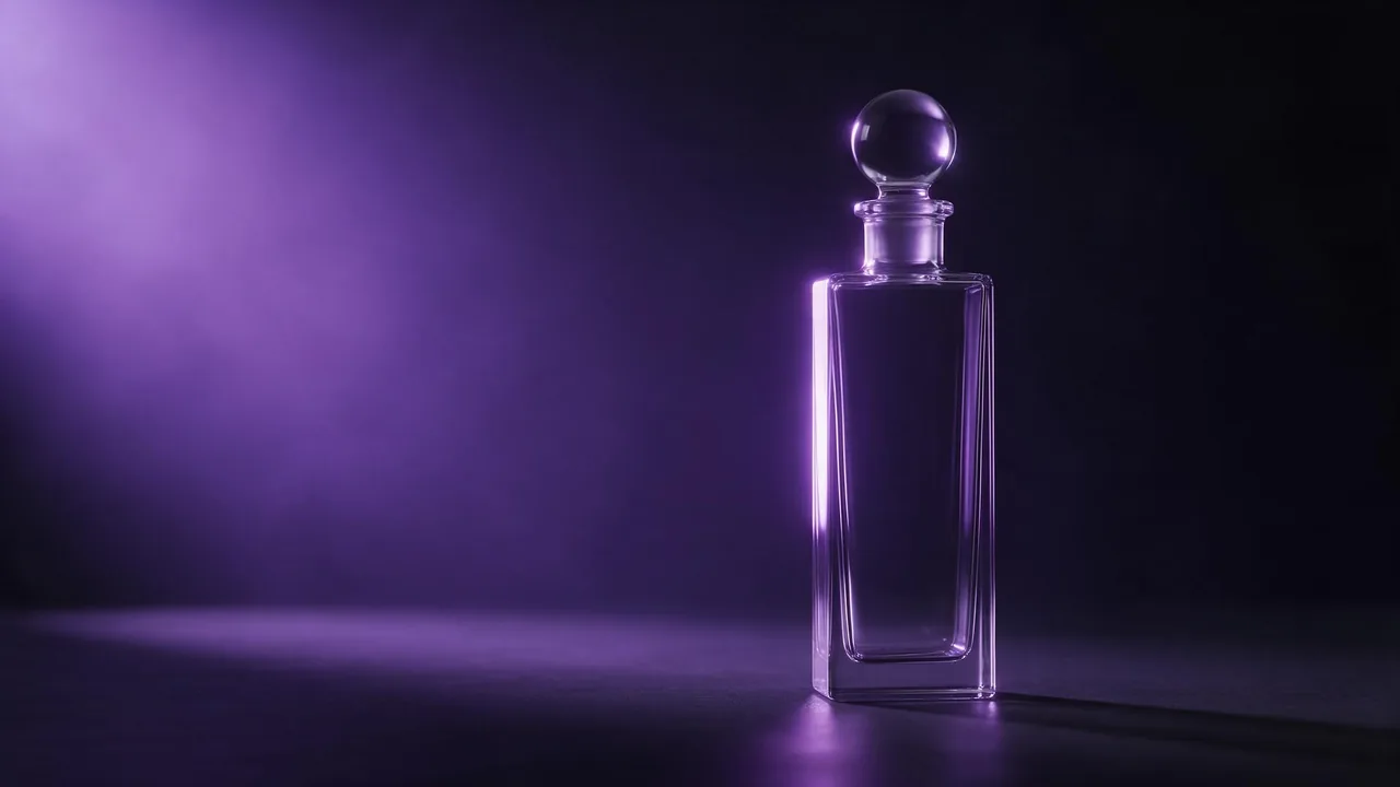 Sebotol parfum kaca berdiri sendirian di atas meja gelap, lampu panggung ungu menyapu tepinya, kabut samar di belakangnya