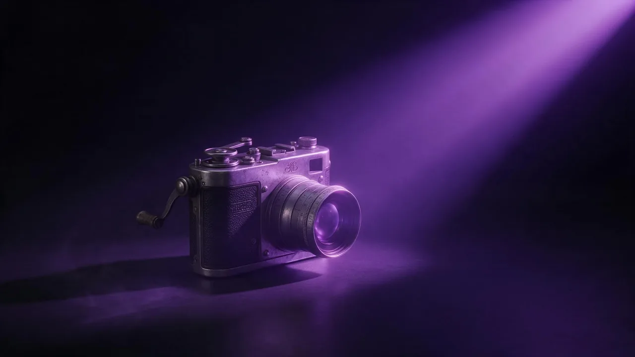 Eine alte Filmkamera mit Handkurbel auf einem dunklen Tisch, ihr Objektiv fängt einen violetten Lichtstrahl ein, ein dünner Dunstschleier zieht durch das Bild
