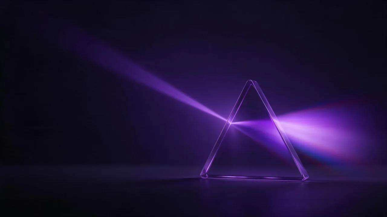 A clear glass triangular prism standing on a dark surface, a violet beam entering from the left and leaving as a wide soft fan of violet and pink light