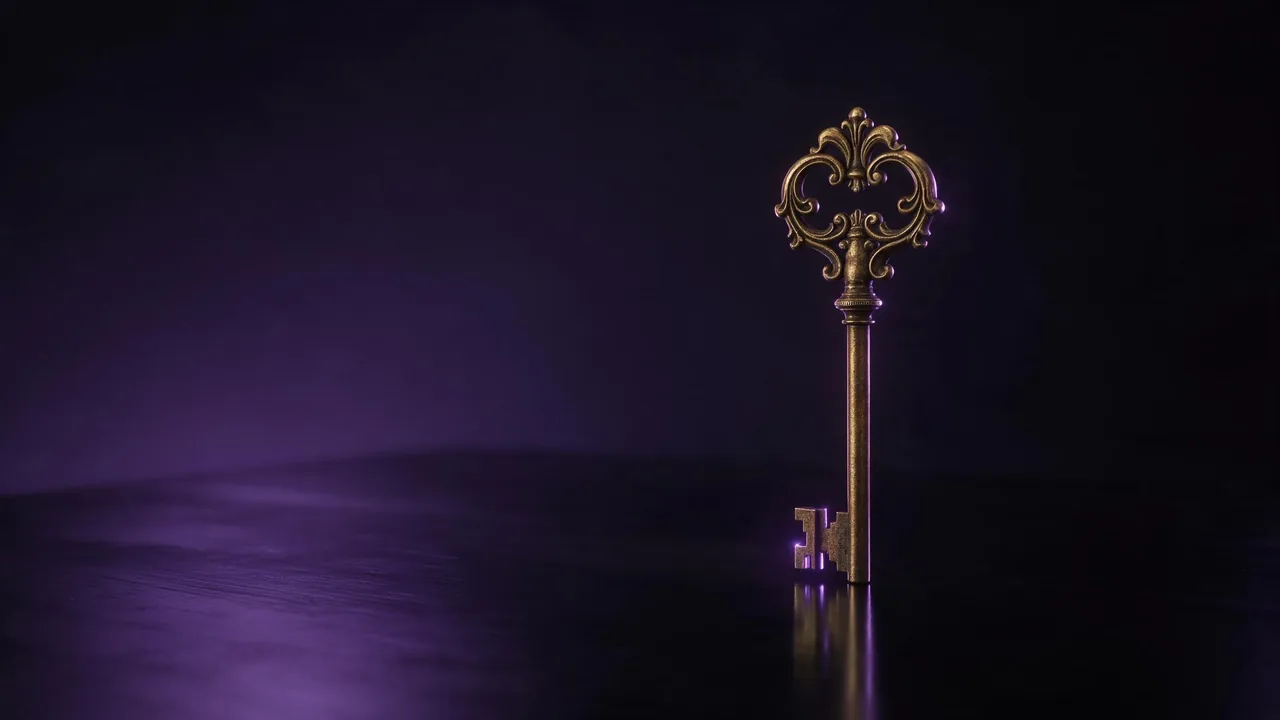 An ornate antique brass key standing upright on a dark table, violet light catching its teeth