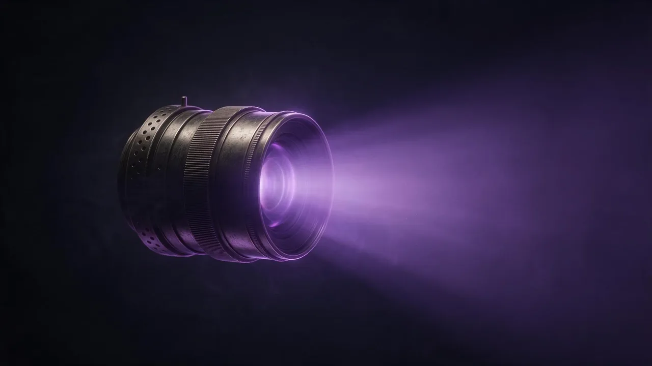 A vintage film projector lens in profile, a violet beam of light pouring out of it into haze