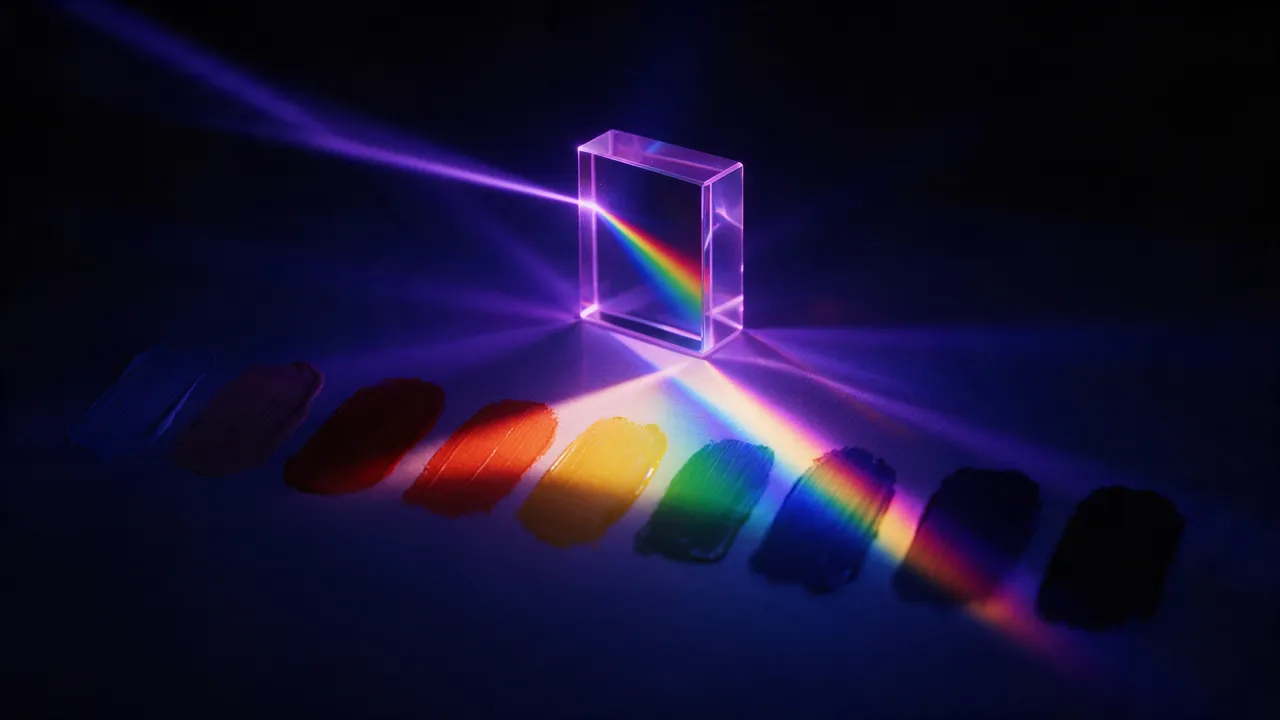 A glass prism splitting a violet beam over a row of paint swatches