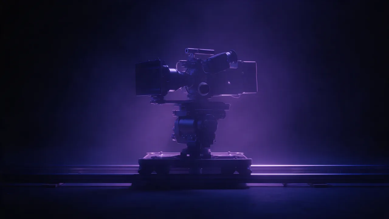 A cinema camera on a dolly track in a dark studio with violet haze