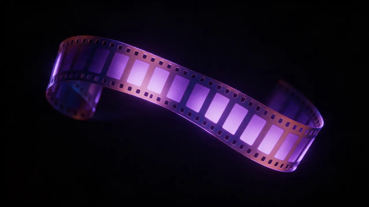 A 35mm film strip unspooling in the air with violet glowing frames