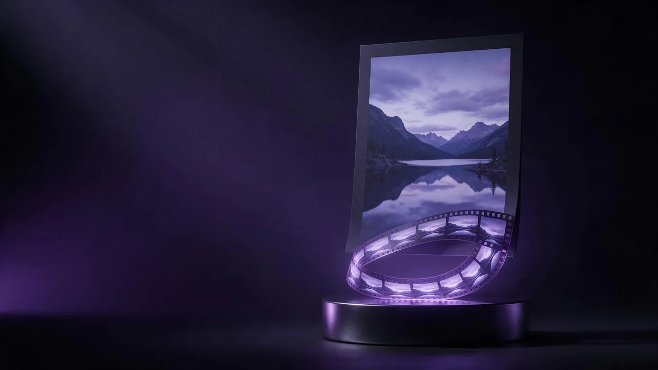Una foto impresa de un lago de montaña sobre un pedestal redondo oscuro, su borde inferior se enrolla en un bucle brillante de película, con luz violeta