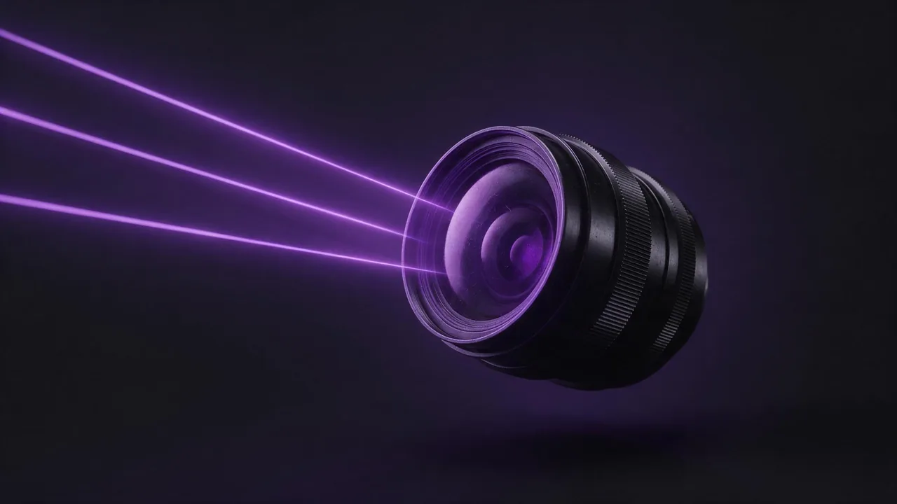 Un objetivo de cámara negro flotando sobre un fondo casi negro, tres finos rayos de luz violeta convergen en su cristal