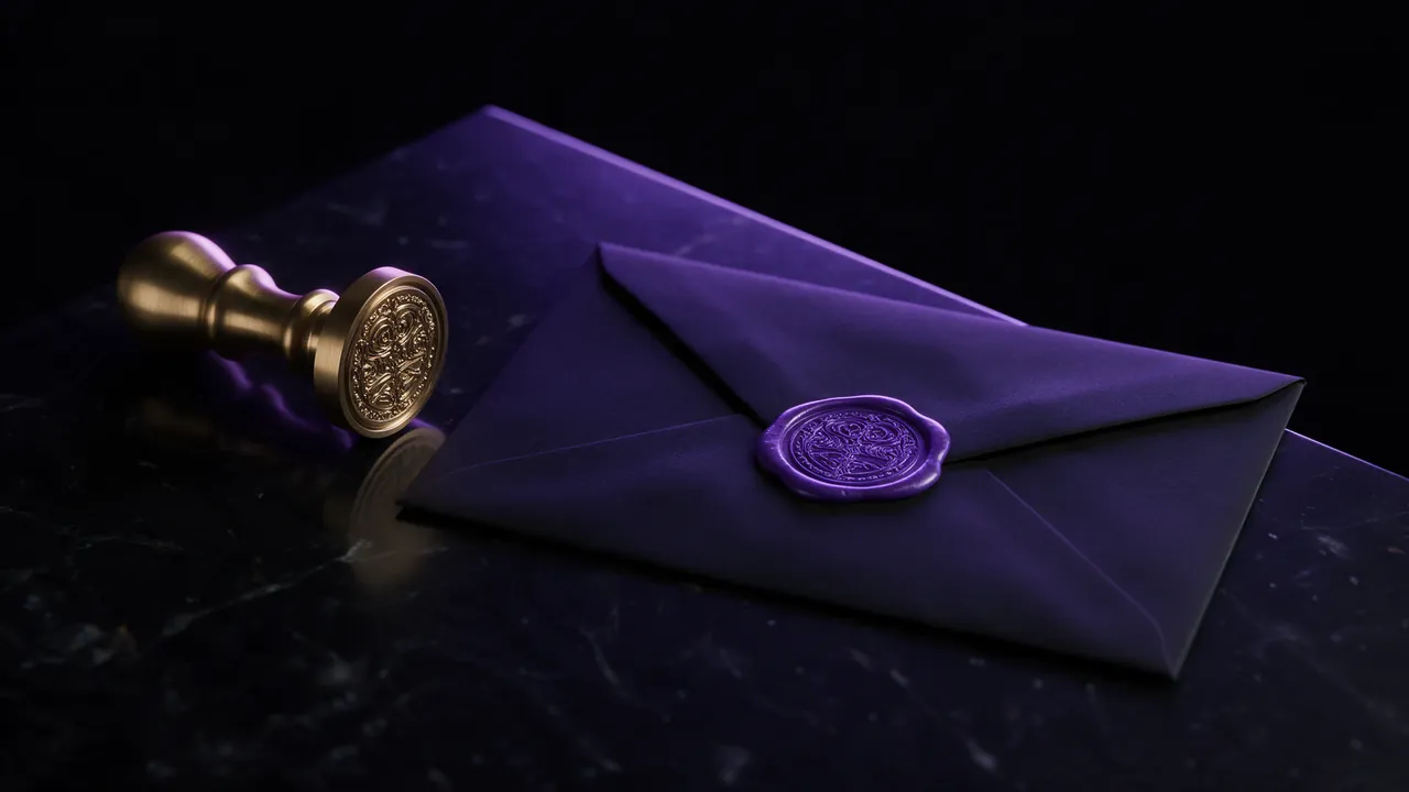 A brass wax seal stamp beside a black envelope sealed with violet wax