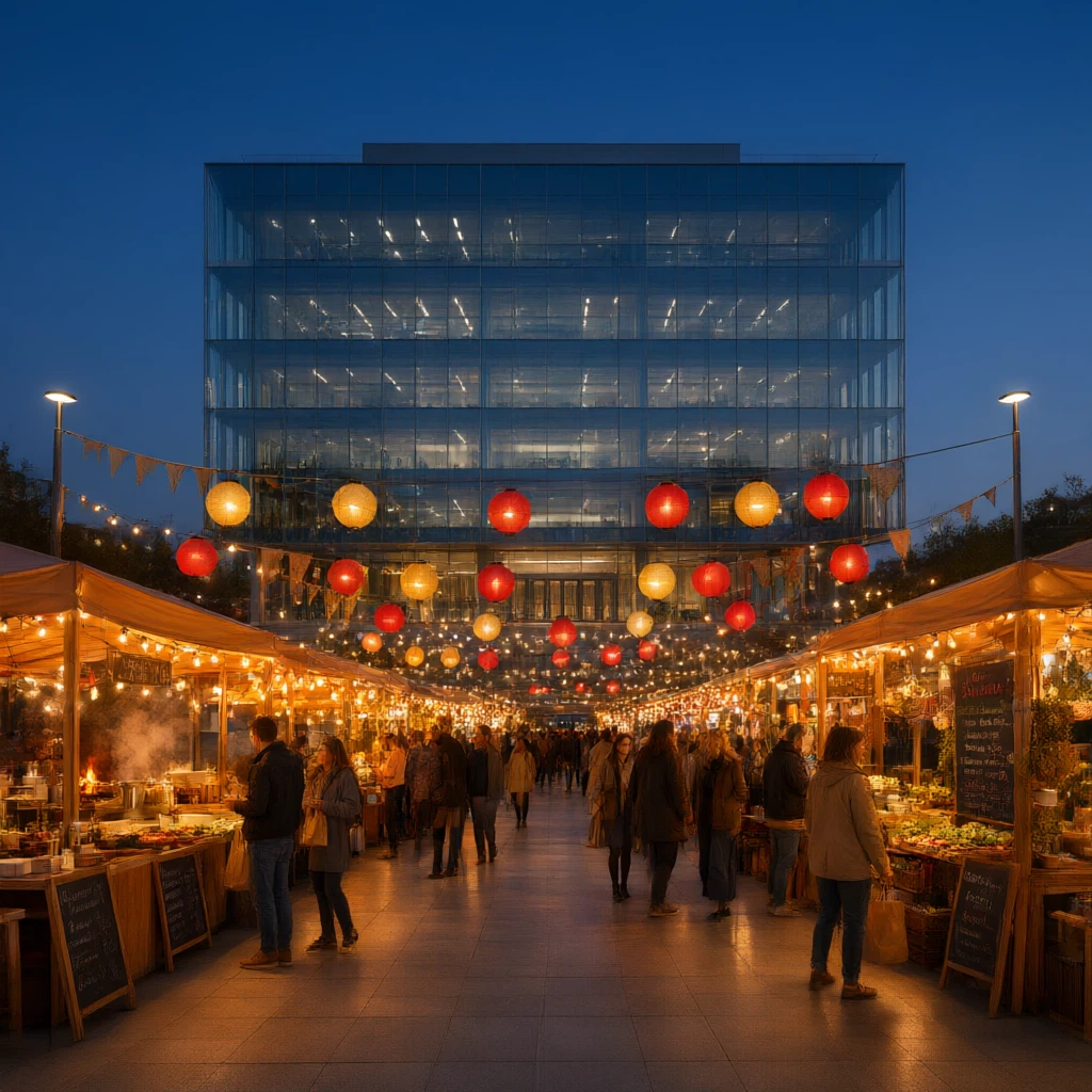 alibaba/qwen-image-3.0/edit: Transform this office building plaza into a lively night market: rows of glowing food stalls with warm string 