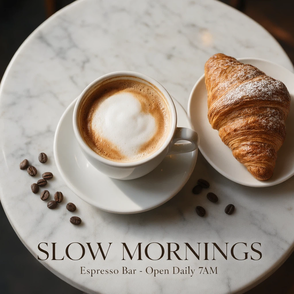 alibaba/qwen-image-3.0/edit: Turn this coffee into an ad for a cafe: add a flaky croissant on a small plate beside the cup, scattered coffe