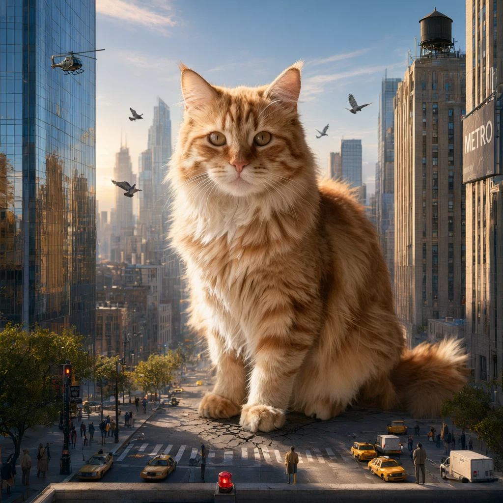 alibaba/qwen-image-3.0-pro/edit: Transform the cat into a colossal creature sitting between city skyscrapers while preserving its exact face, f