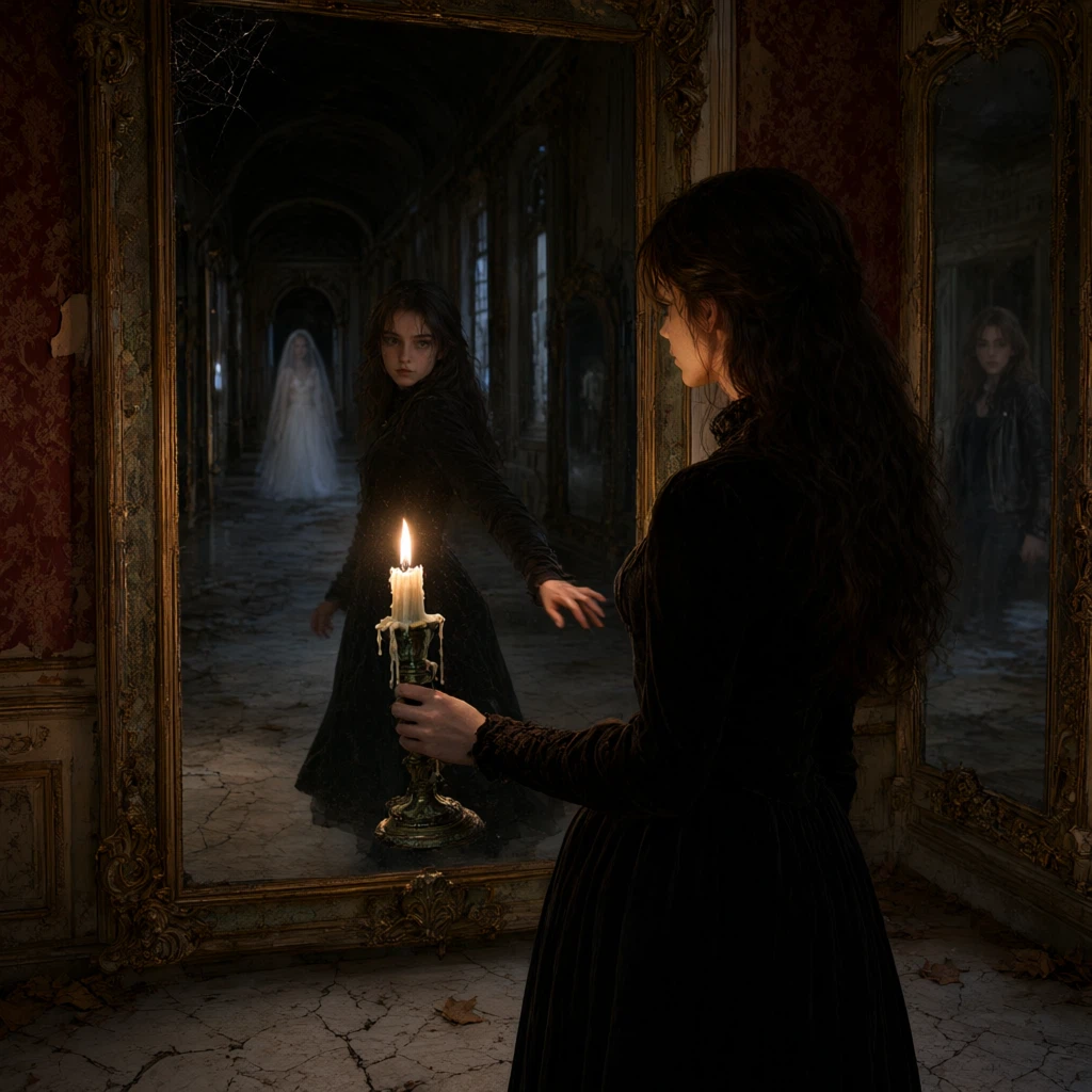 alibaba/qwen-image-3.0-pro/text-to-image: A young woman carrying a candle explores an abandoned palace at night. She enters a long hall of mirrors and n