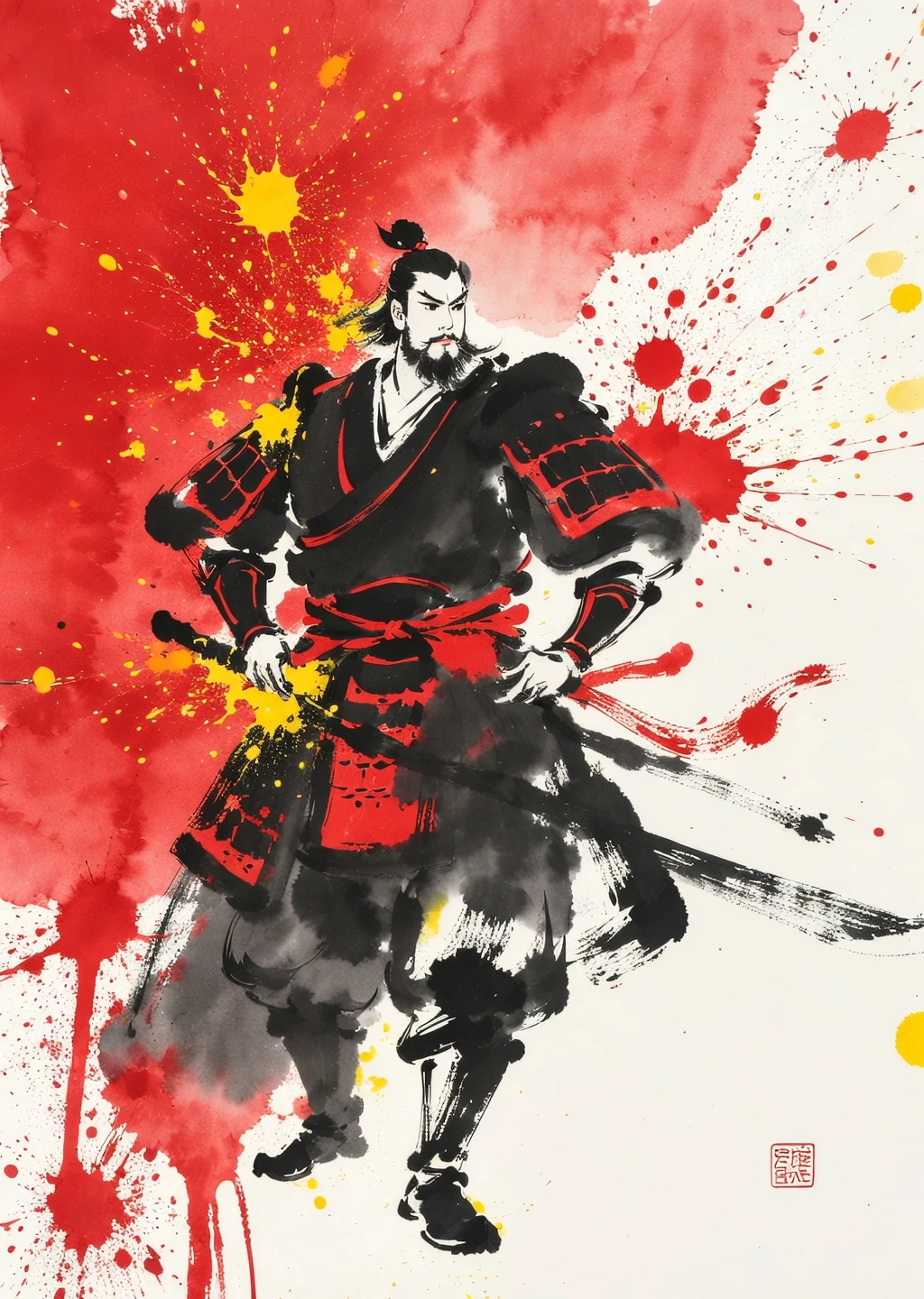 Wan 2.5 Text-to-Image: A Sumi-e Inspired Watercolor portrayal of warrior, blending traditional East Asian ink wash techniques with mo