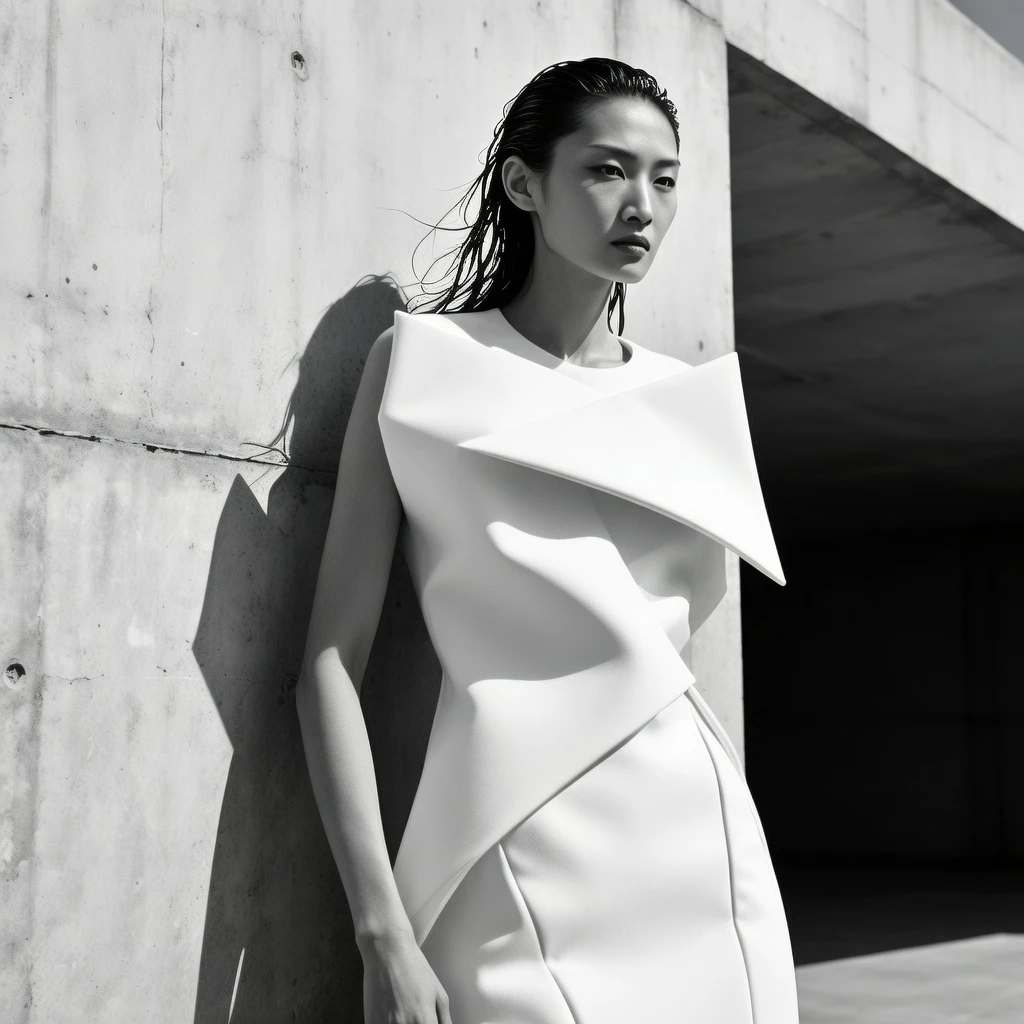 Wan 2.5 Text-to-Image: A full-body shot of an Asian model with sharp, defined facial features and wet, slicked-back hair, her gaze is