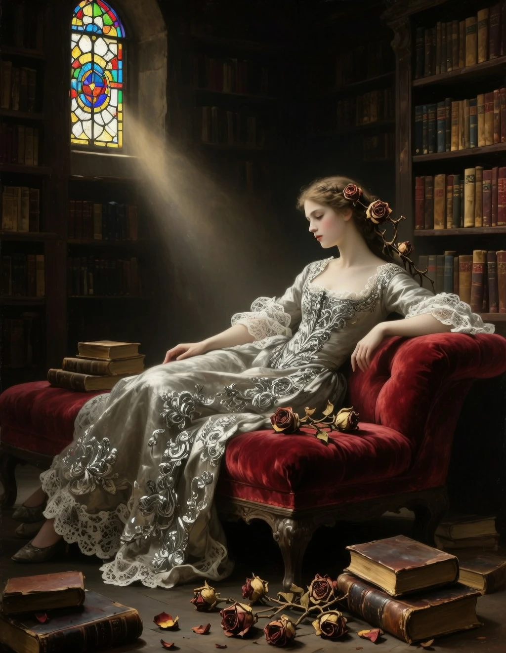 Wan 2.5 Text-to-Image: A fair-skinned model with classical beauty, lounging on a velvet chaise lounge, surrounded by old books and wi