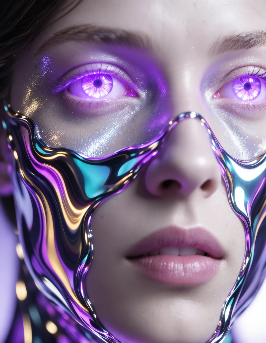 Wan 2.5 Text-to-Image: Close-up portrait of a model whose face is partially covered in flowing liquid metal or an iridescent, second-