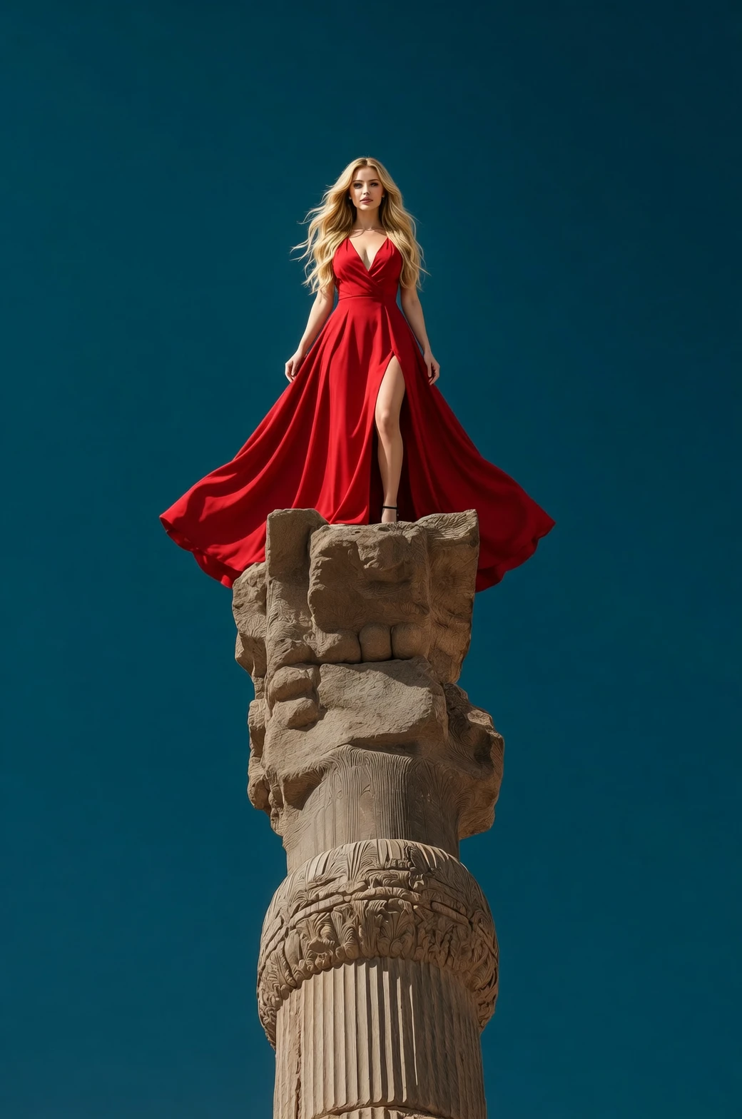 Wan 2.6 Image Edit: Replace the man with a beautiful woman with long blonde hair and a low-cut red dress.