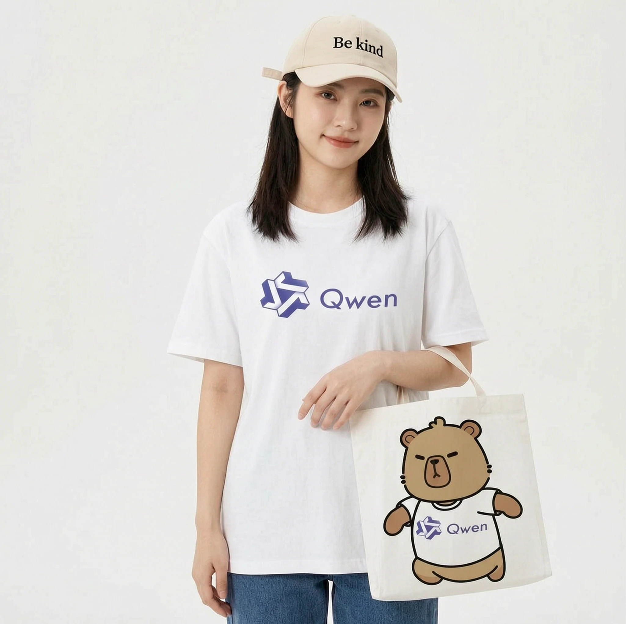 alibaba/wan-2.7/image-edit-pro: Print this pattern on a T-shirt and a paper tote bag. A female model is showcasing these items. The girl is al