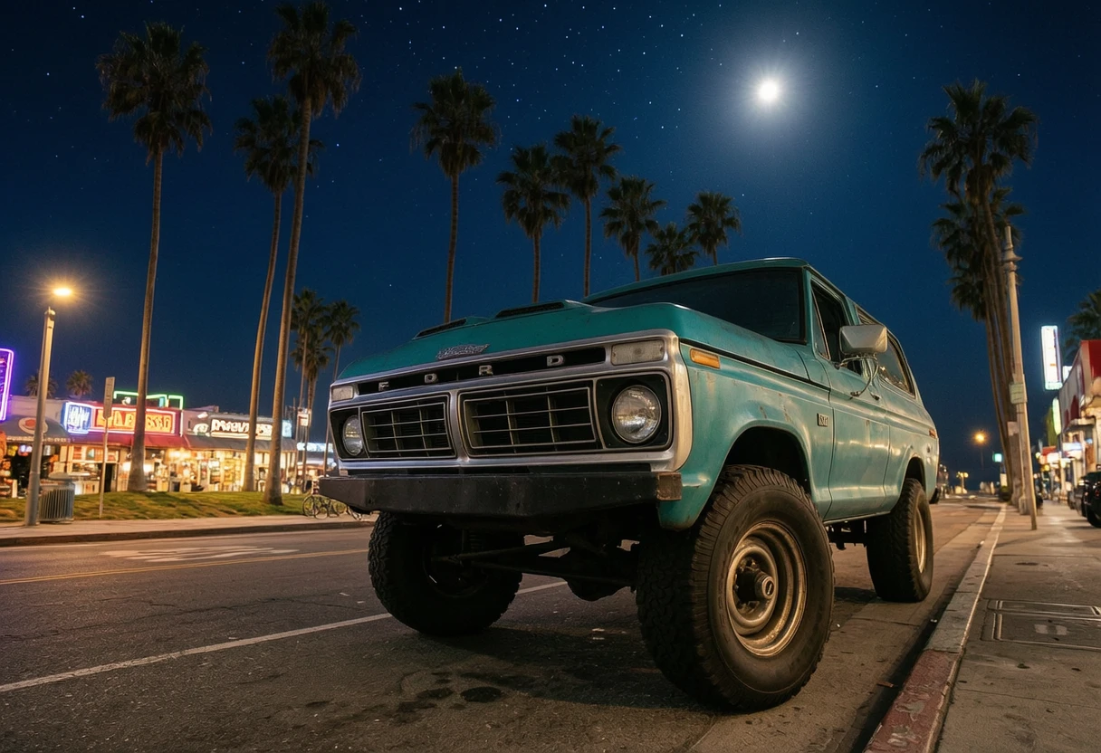Wan 2.7 Image Edit: vintage Ford Bronco parked on a street with palm trees, low angle wide shot, Venice Beach style, nighttime sce