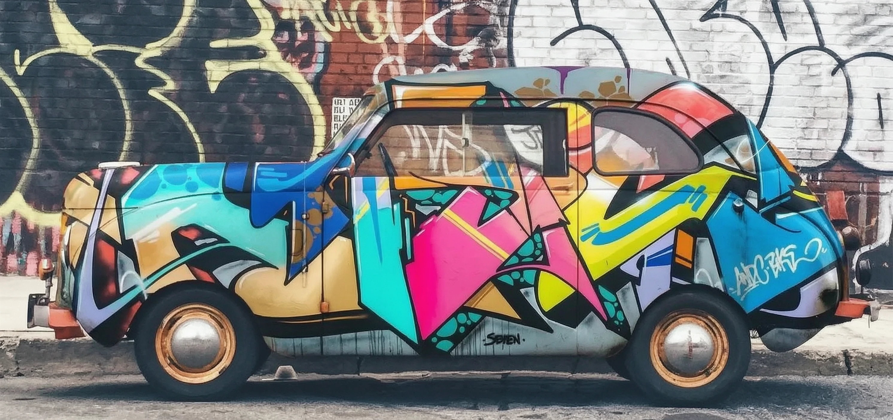 Wan 2.7 Image Edit: Spray paint the graffiti from Figure 2 onto the car in Figure 1.
