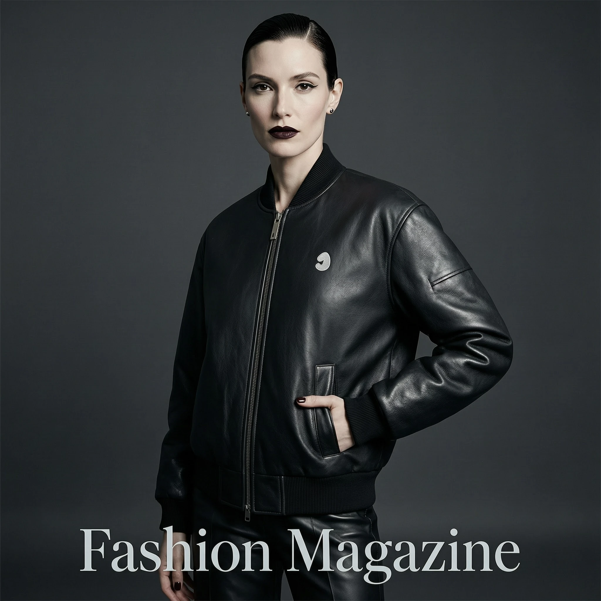Wan 2.7 Text-to-Image-Pro: Lookbook photo of a model wearing a [dark leather bomber jacket], minimalist studio, soft side light, confiden
