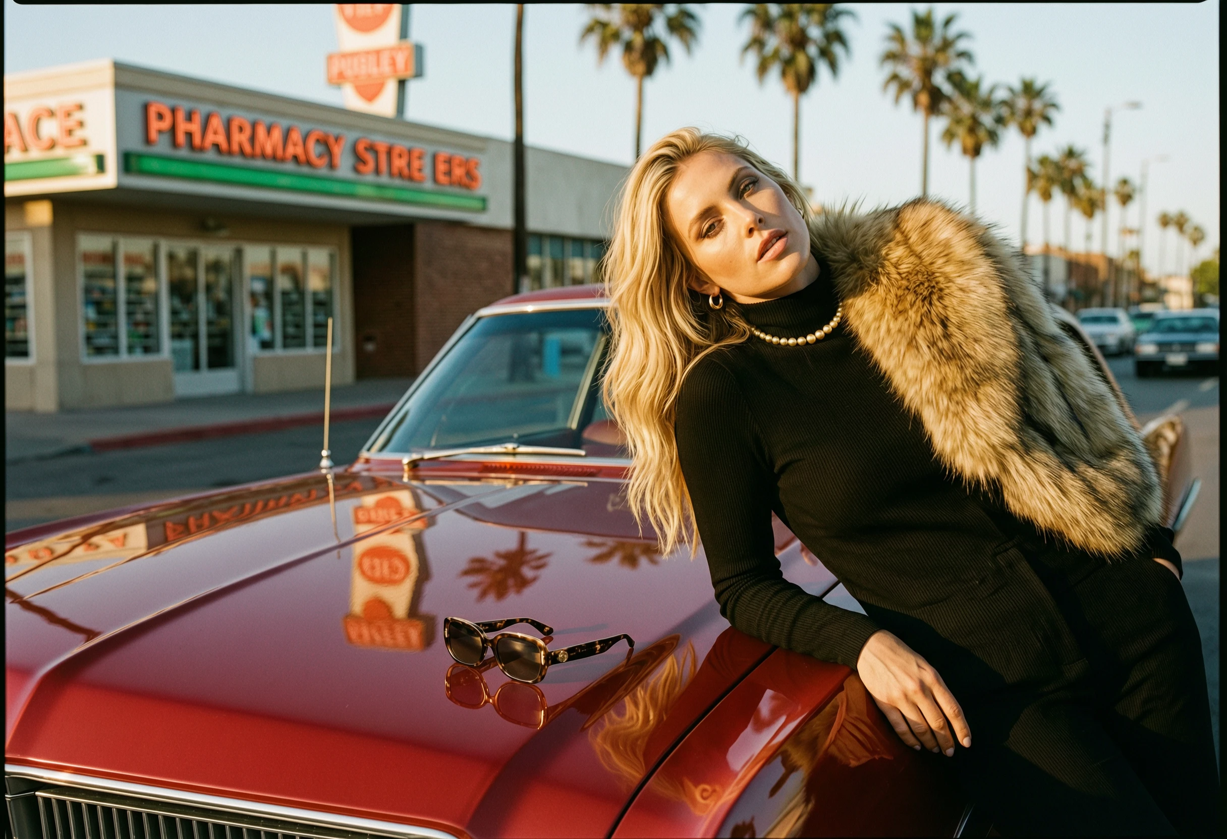 Wan 2.7 Text-to-Image-Pro: cinematic fashion editorial, blonde woman leaning on a glossy red car hood, reflection on surface, golden hour