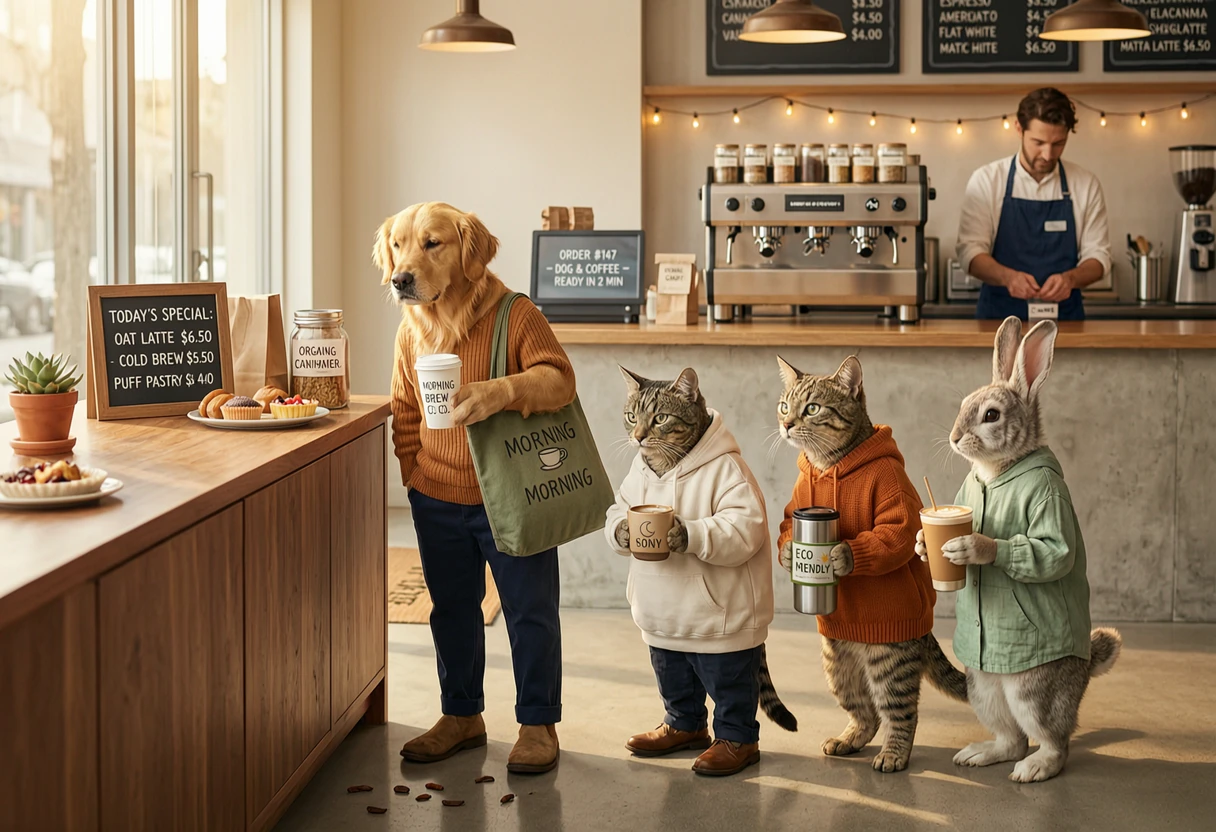 Wan 2.7 Text-to-Image: a group of animals standing in line to buy coffee, side view, anthropomorphic animals, a dog, a cat, a raccoon