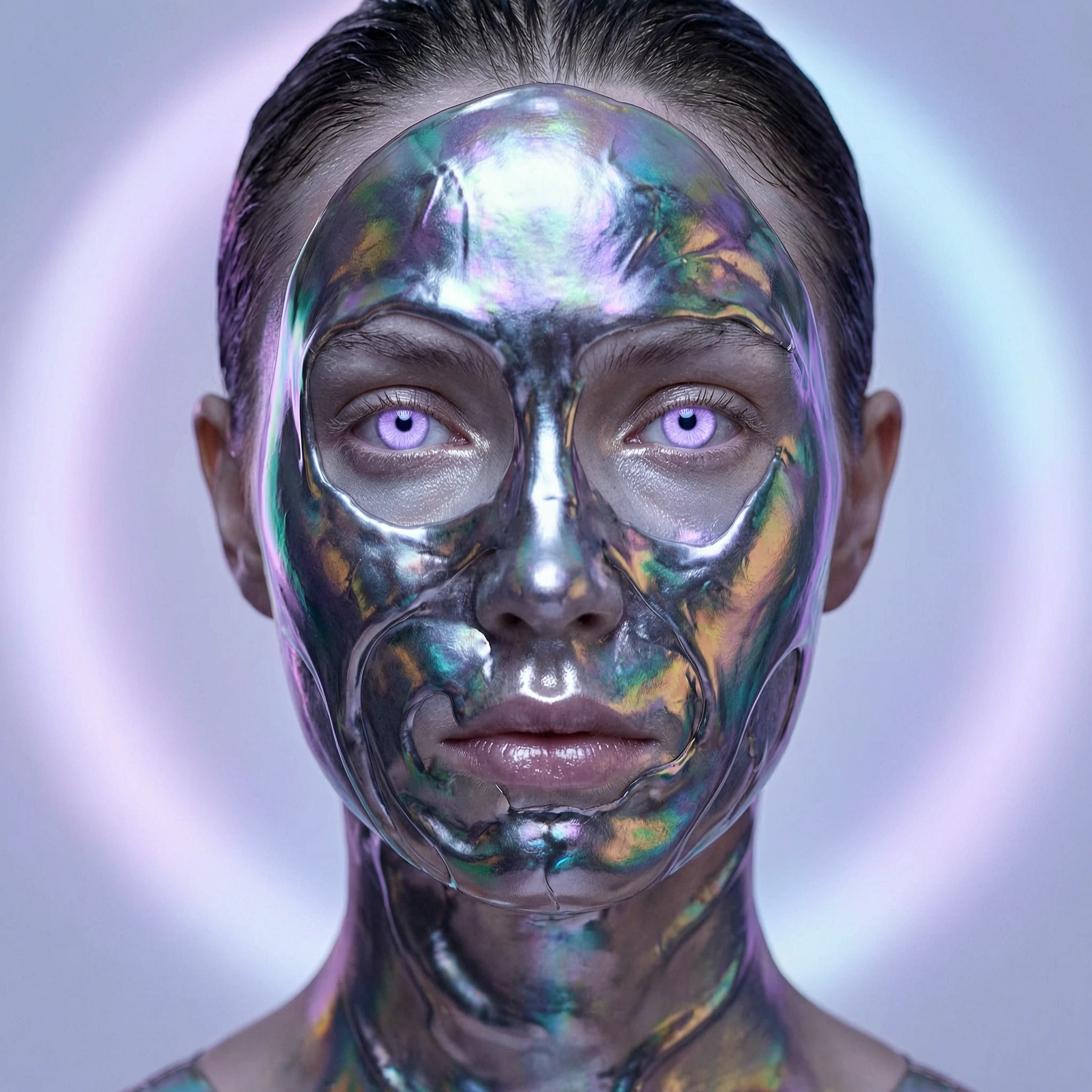 Wan 2.7 Text-to-Image: Close-up portrait of a model whose face is partially covered in flowing liquid metal or an iridescent, second-