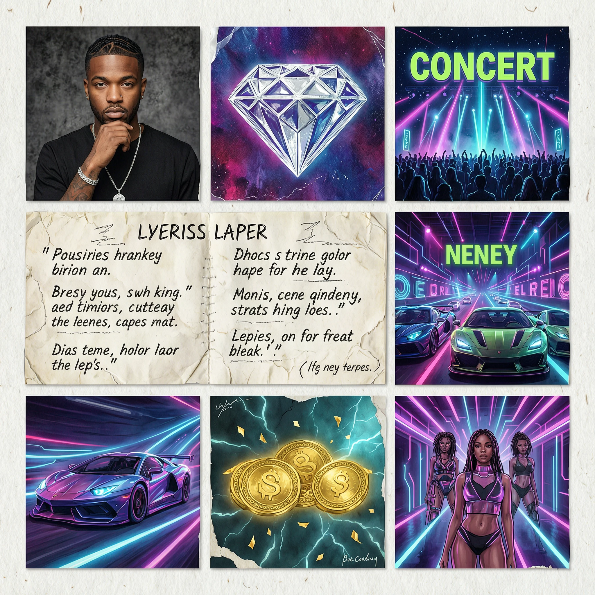 Wan 2.7 Text-to-Image: A mix collage with rapper, diamond, concert, neons, scratch paper, lyrics on paper, racing cars, money, and gi