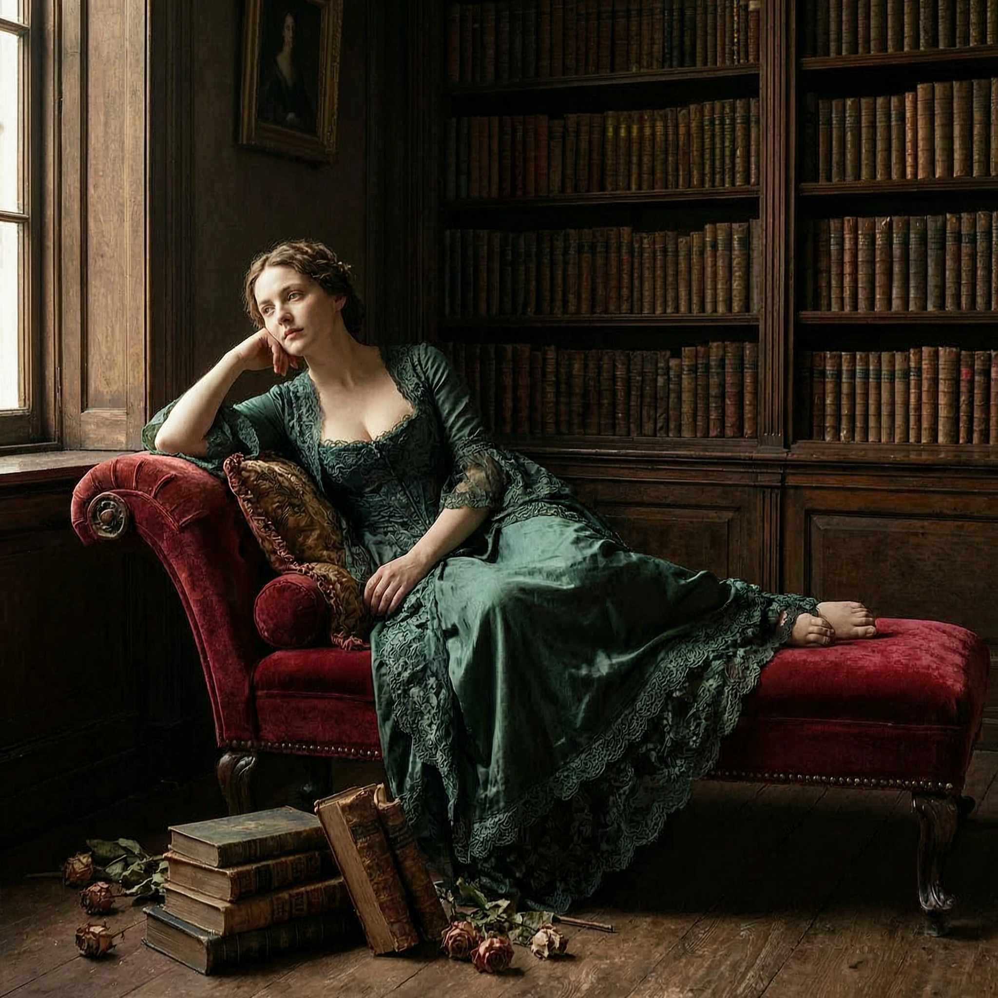 Wan 2.7 Text-to-Image: A fair-skinned model with classical beauty, lounging on a velvet chaise lounge, surrounded by old books and wi