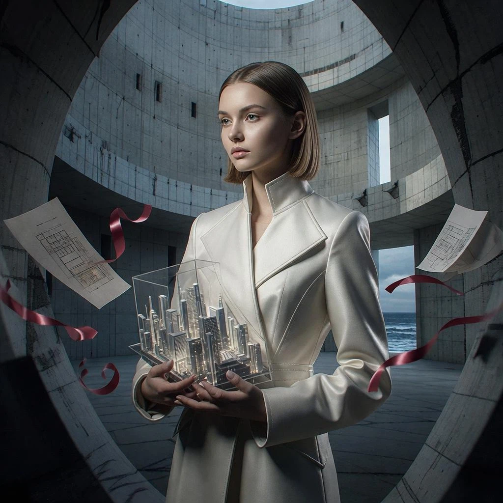 Fibo Generate 1.5 Text-to-Image: A cinematic editorial portrait of a young female architect standing alone inside a vast unfinished museum at b