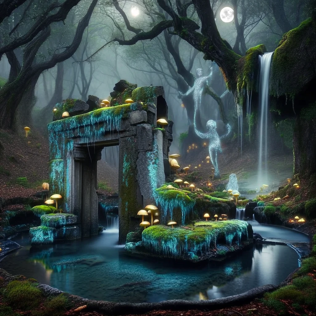 Fibo: A hidden ancient ruin, overgrown with bioluminescent moss and glowing fungi, deep within an ethereal, mist-shr