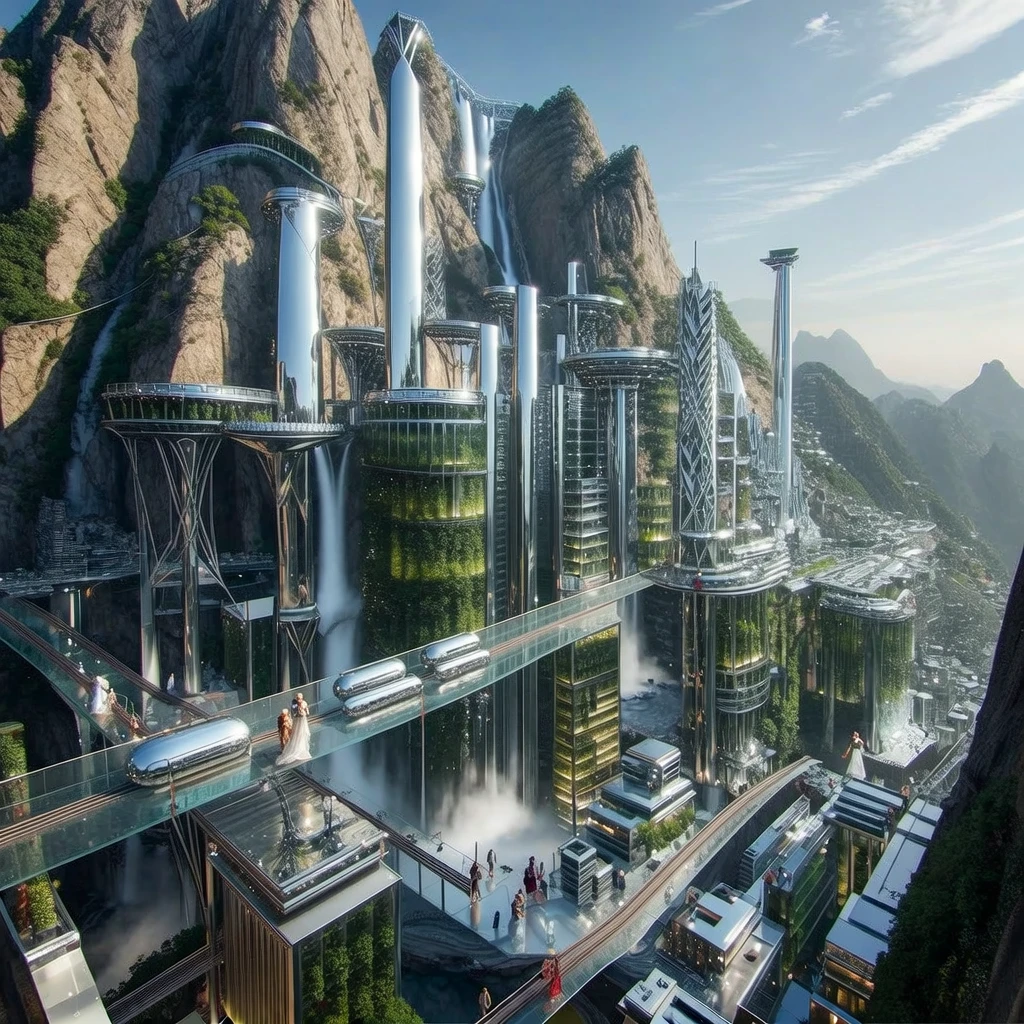Fibo: A bustling aerial view of a utopian city built into the side of a colossal mountain. Automated sky-trams glide
