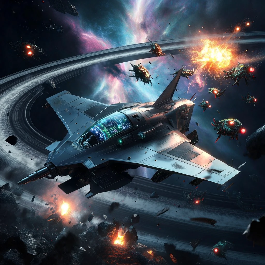 Fibo: A sleek, futuristic starfighter dogfighting against a swarm of alien interceptors amidst the rings of a gas gi
