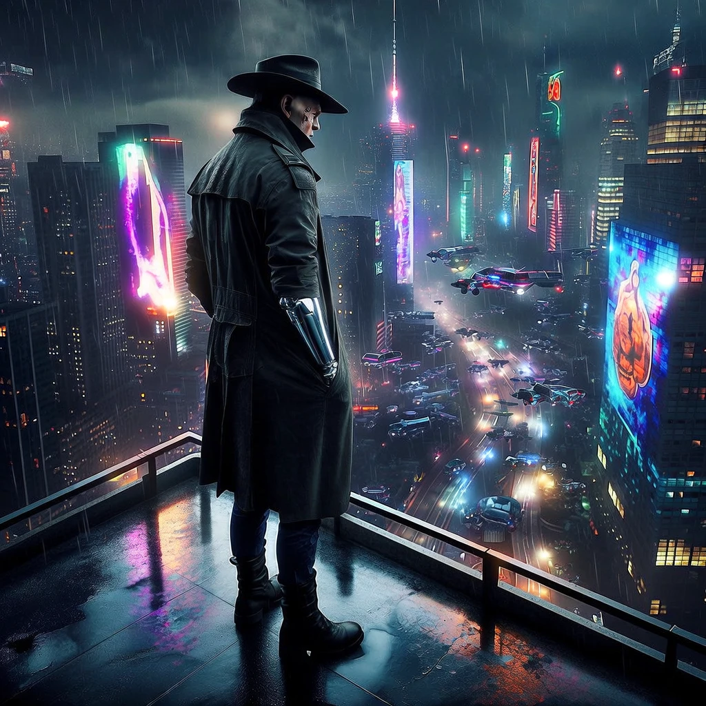 Fibo: A high-angle shot of a lone cyborg detective standing on the rain-slicked balcony of a futuristic skyscraper.