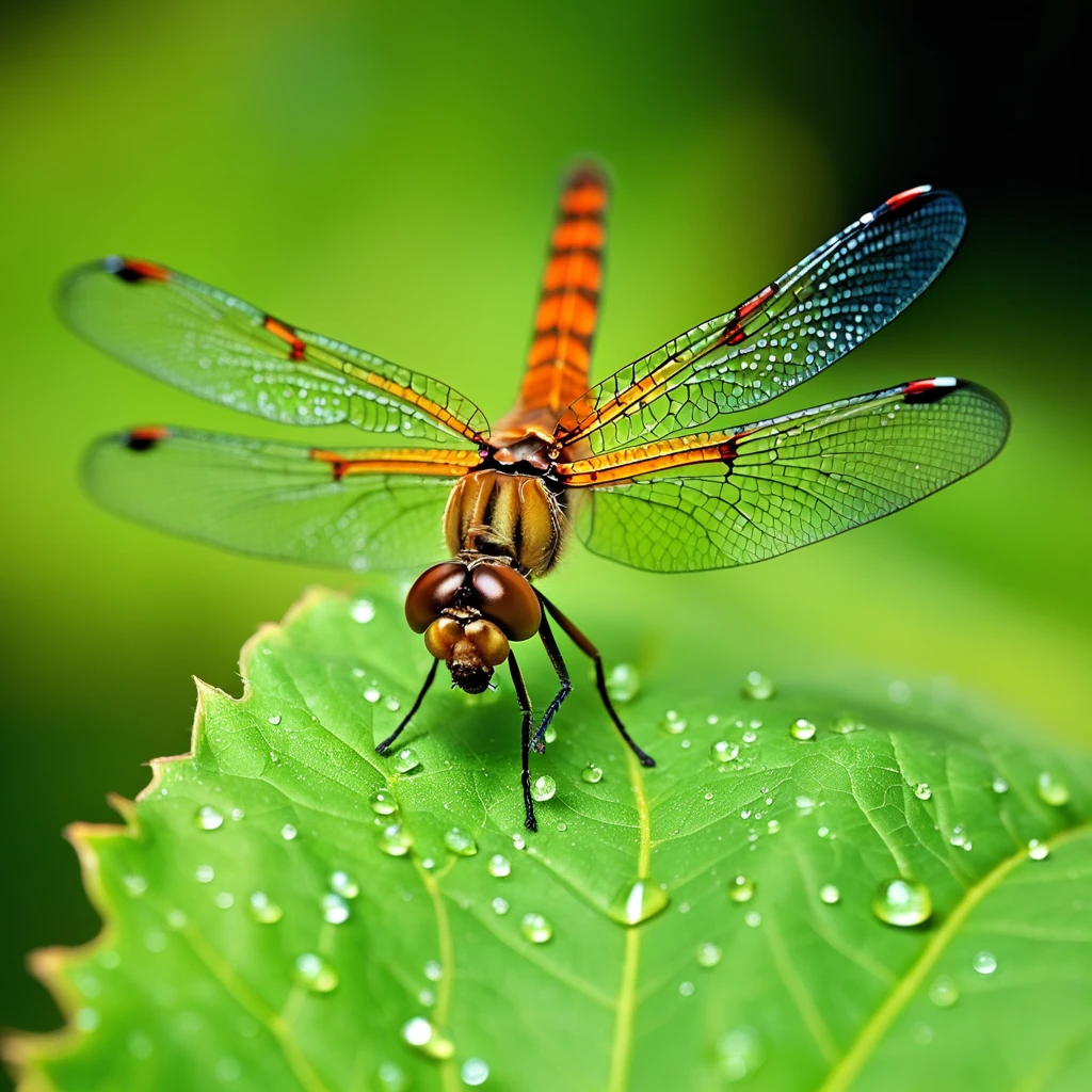 Text To Image 3.2: Extreme close-up macro photograph of a dragonfly's wing resting on a leaf. Intricate, iridescent geometric pat
