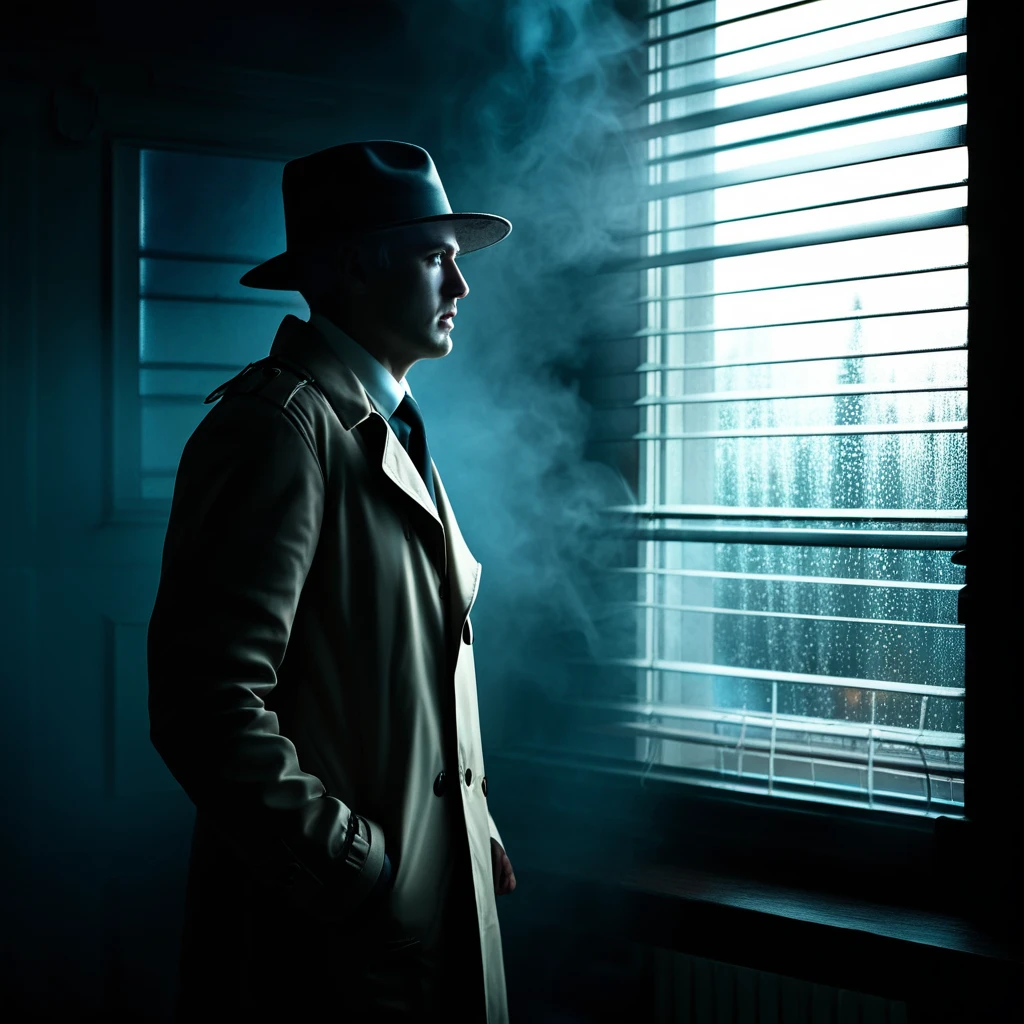 Text To Image 3.2: A classic film noir scene. A lone, hard-boiled detective in a fedora and trench coat stands in a dimly lit, sm